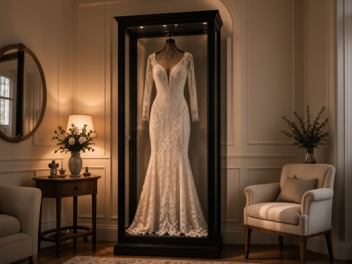 A lace wedding gown displayed in a Mrs. Case beside an armchair and a small wood table