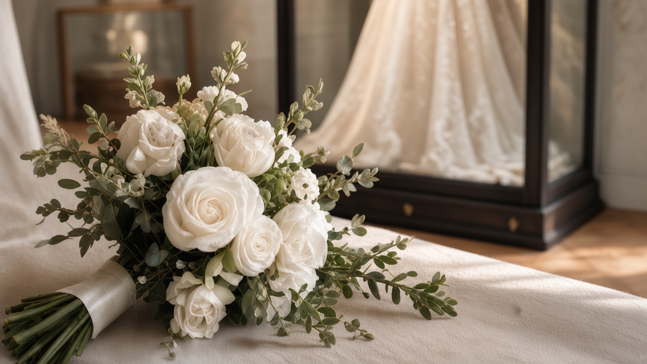 A white rose bouquet resting in front of a wedding gown in a glass case