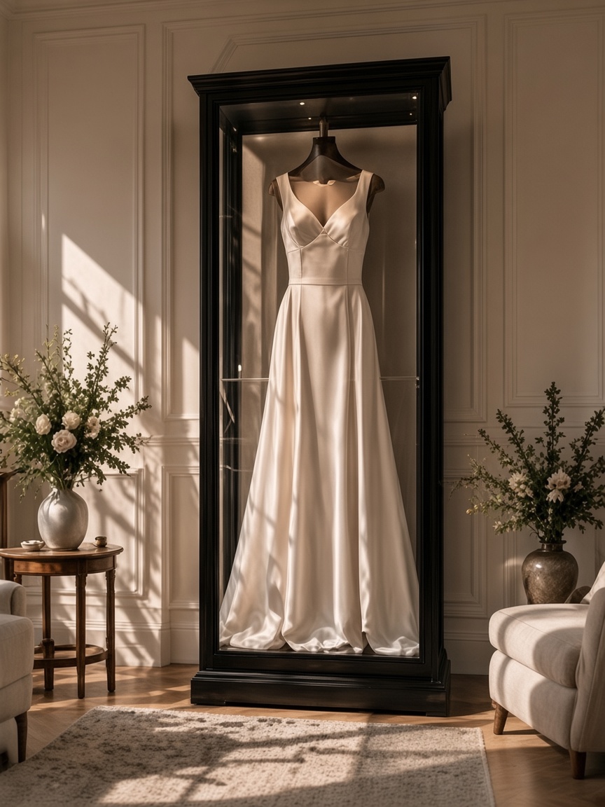 A satin wedding gown displayed in a Mrs. Case in a sunlit parlor